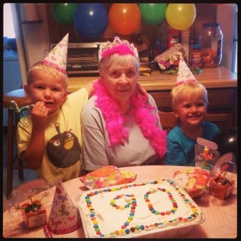 Bunny Gaskins celebrates her 90th birthday with great-grandsons Brody (left) and Beckett.